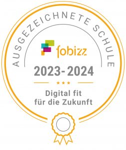 Siegel von Fobizz für ausgezeichnete Schulen im Jahr 2023-2024 mit dem Text 'Digital fit für die Zukunft'.