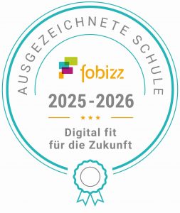 Siegel von Fobizz für ausgezeichnete Schulen im Jahr 2025-2026 mit dem Text 'Digital fit für die Zukunft'.